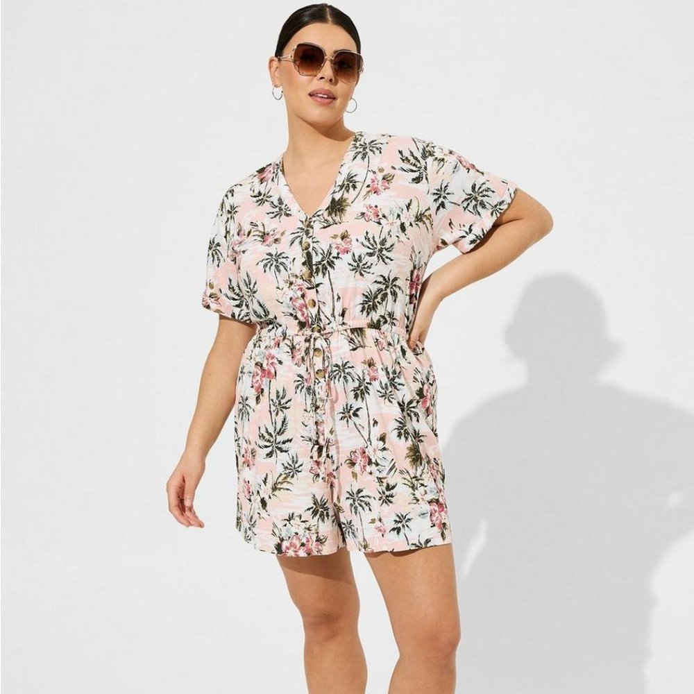 Torrid Tropical Palm Pink Vacation Slub Button Front Romper Size 4X